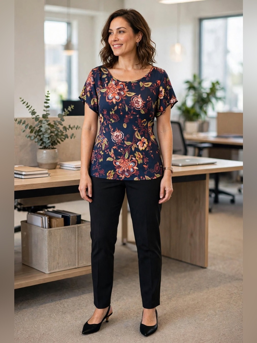 Lane Bryant Navy Floral Short-Sleeve Tunic with Orange and Green Floral Accents